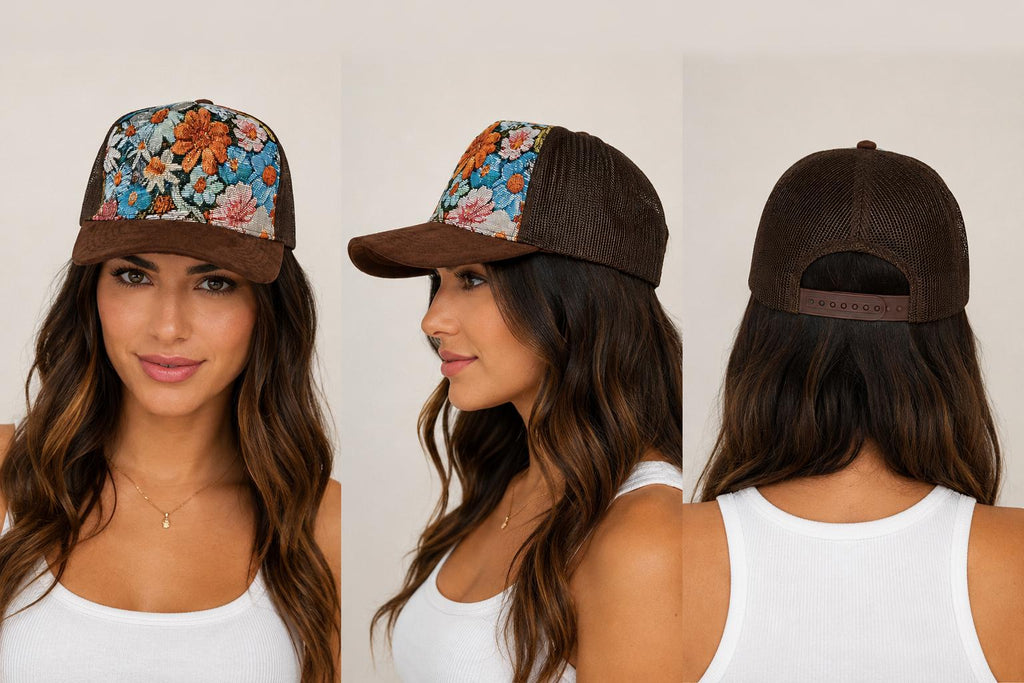 Vintage Tapestry Trucker Hat | Suede Brim Mesh Snapback Cap | Floral & Paisley Woven Baseball Hat | Unisex