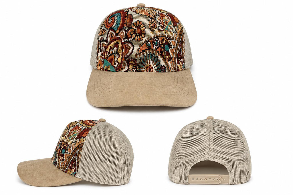 Vintage Tapestry Trucker Hat | Suede Brim Mesh Snapback Cap | Floral & Paisley Woven Baseball Hat | Unisex