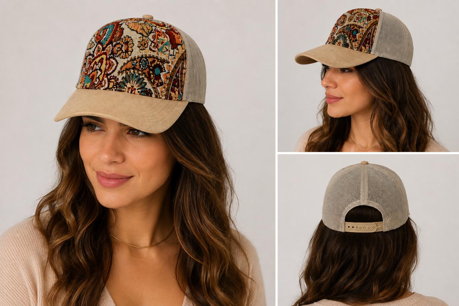 Vintage Tapestry Trucker Hat | Suede Brim Mesh Snapback Cap | Floral & Paisley Woven Baseball Hat | Unisex