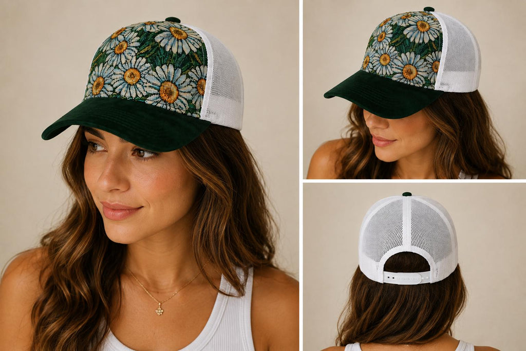 Vintage Tapestry Trucker Hat | Suede Brim Mesh Snapback Cap | Floral & Paisley Woven Baseball Hat | Unisex