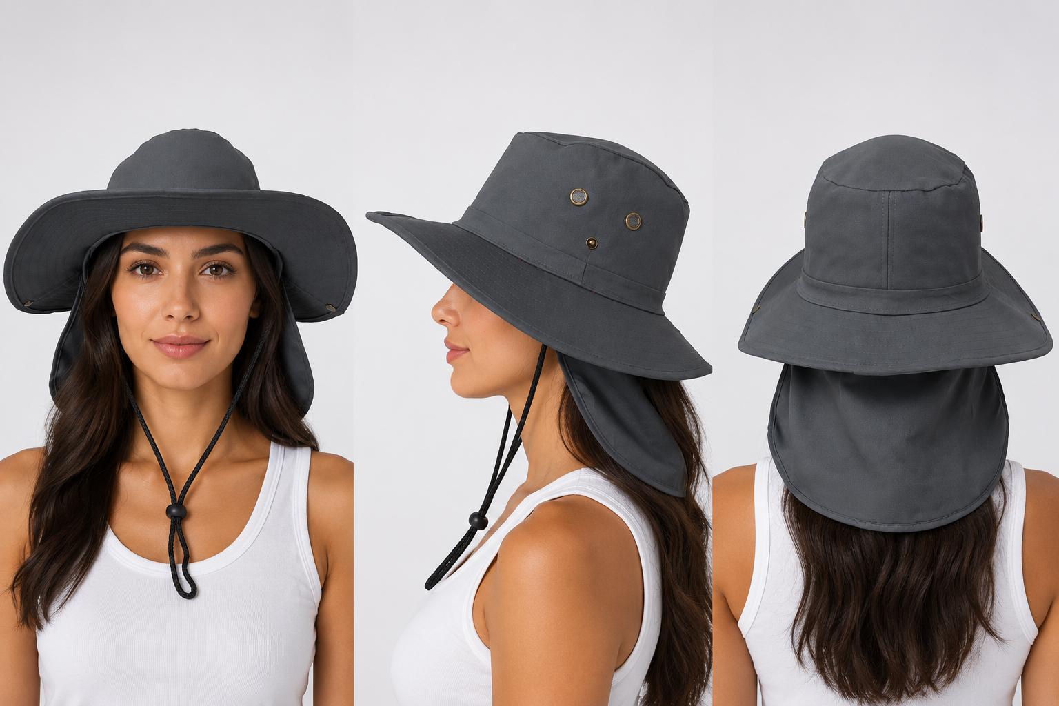 Wide Brim Sun Hat with Neck Flap | UPF Outdoor Fishing, Hiking & Boonie Hat | Adjustable Chin Strap