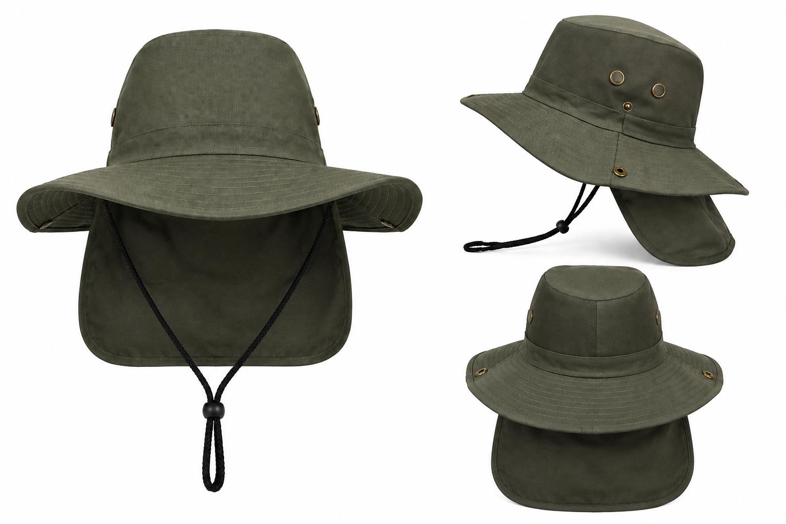 Wide Brim Sun Hat with Neck Flap | UPF Outdoor Fishing, Hiking & Boonie Hat | Adjustable Chin Strap