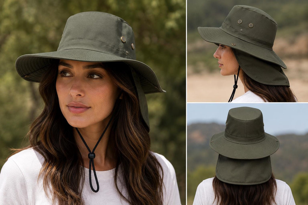 Wide Brim Sun Hat with Neck Flap | UPF Outdoor Fishing, Hiking & Boonie Hat | Adjustable Chin Strap