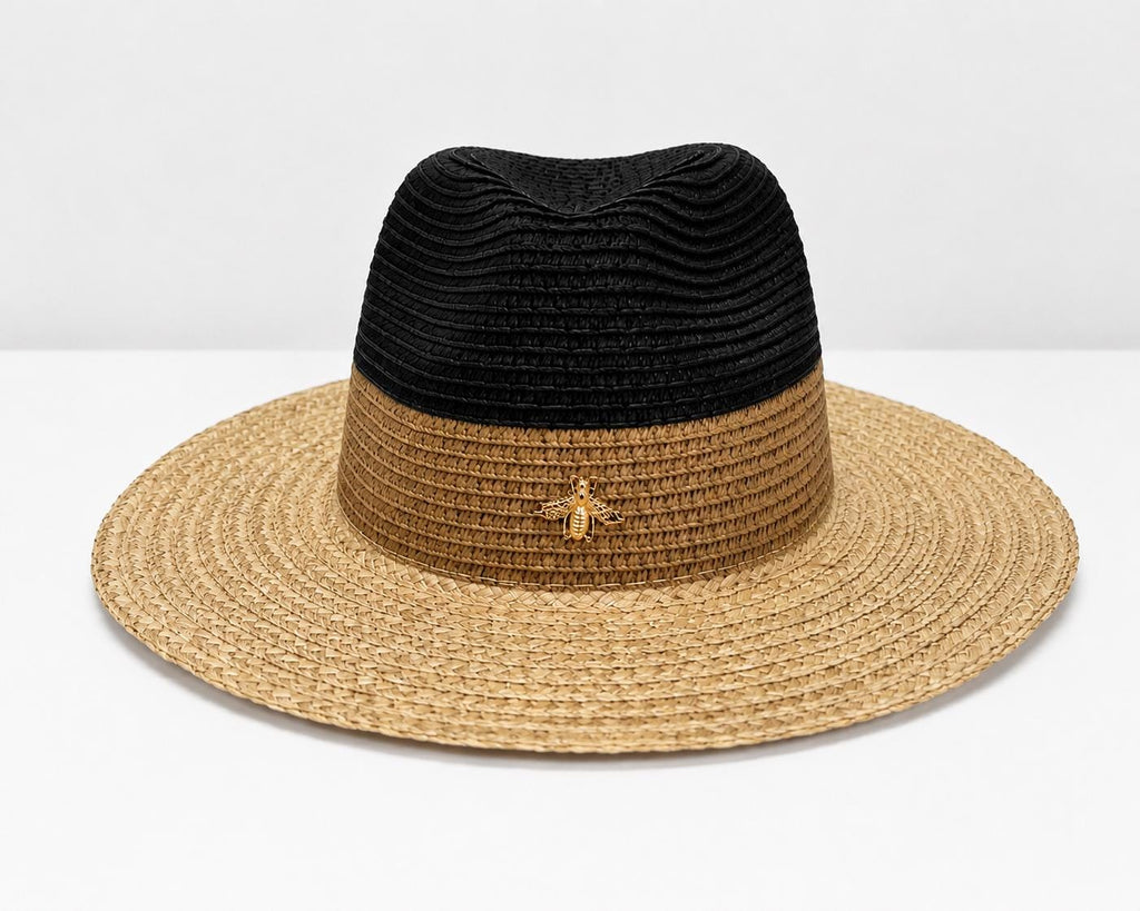 Women's Two-Tone Straw Fedora Sun Hat with Gold Bee Charm | Wide Brim Summer Beach Hat