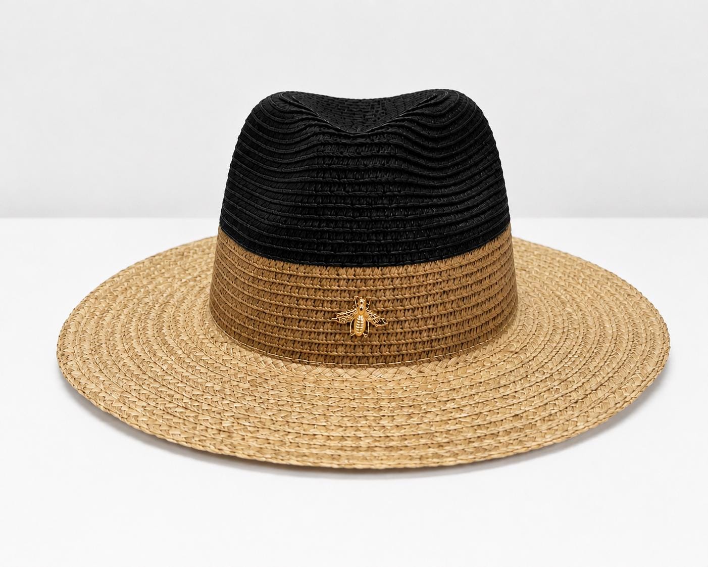 Women's Two-Tone Straw Fedora Sun Hat with Gold Bee Charm | Wide Brim Summer Beach Hat