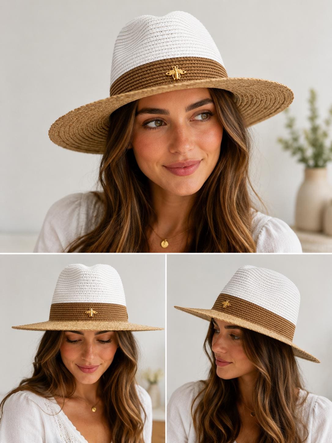 Women's Two-Tone Straw Fedora Sun Hat with Gold Bee Charm | Wide Brim Summer Beach Hat