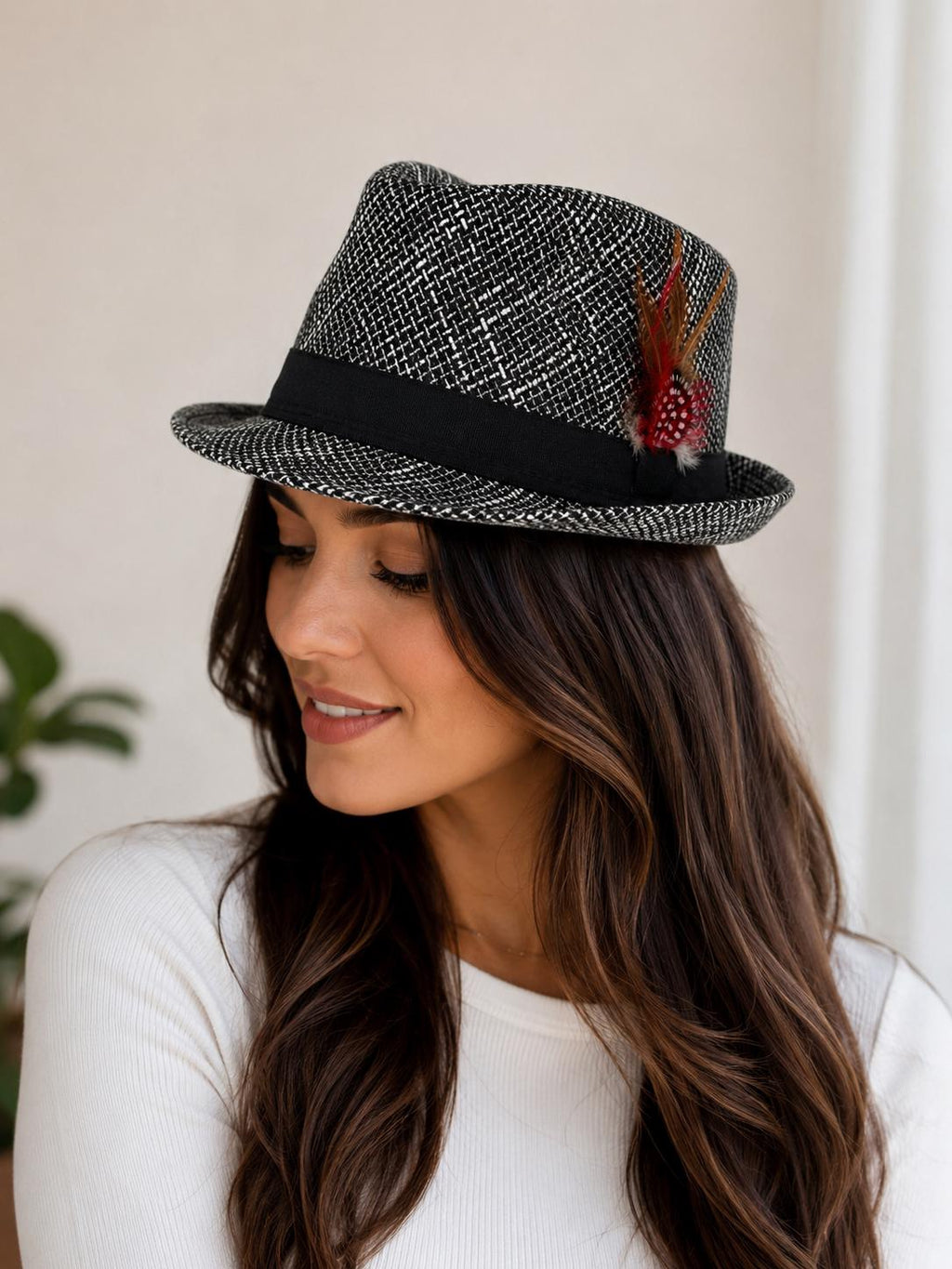 Black White Tweed Fedora Hat | Feather Accent Trilby, Vintage Inspired Fashion