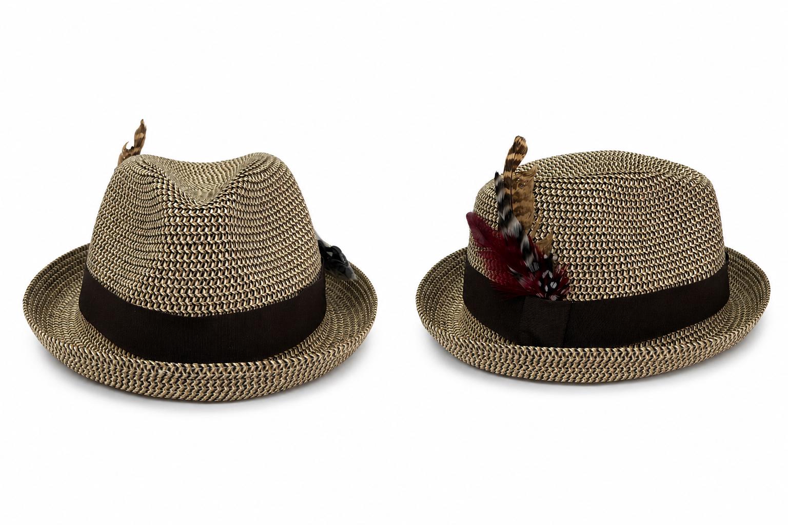 Unisex Woven Straw Fedora Hat with Feather Accent | Lightweight Summer Trilby | Brown Band | Casual Sun Hat