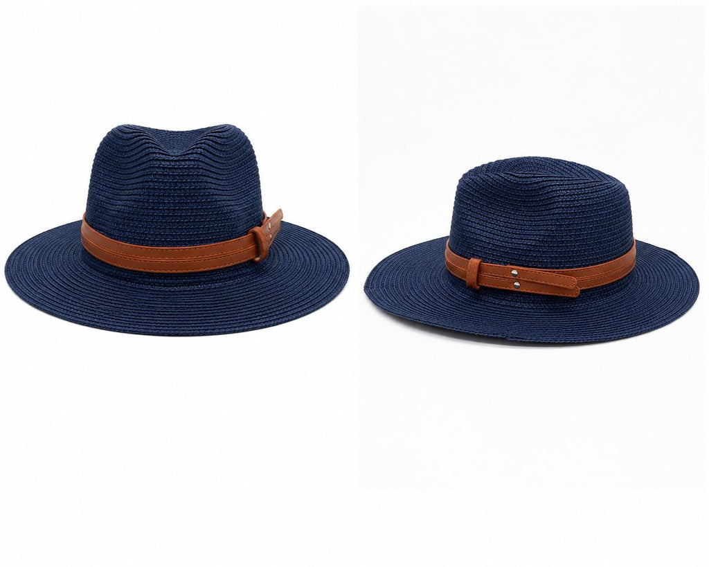 Wide Brim Woven Straw Fedora Hat | Summer Sun Hat with Faux Leather Band | Beach, Travel & Everyday Style