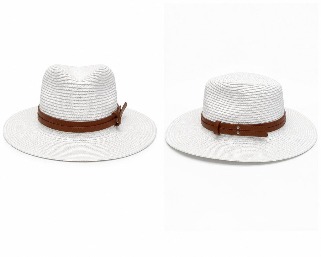 Wide Brim Woven Straw Fedora Hat | Summer Sun Hat with Faux Leather Band | Beach, Travel & Everyday Style