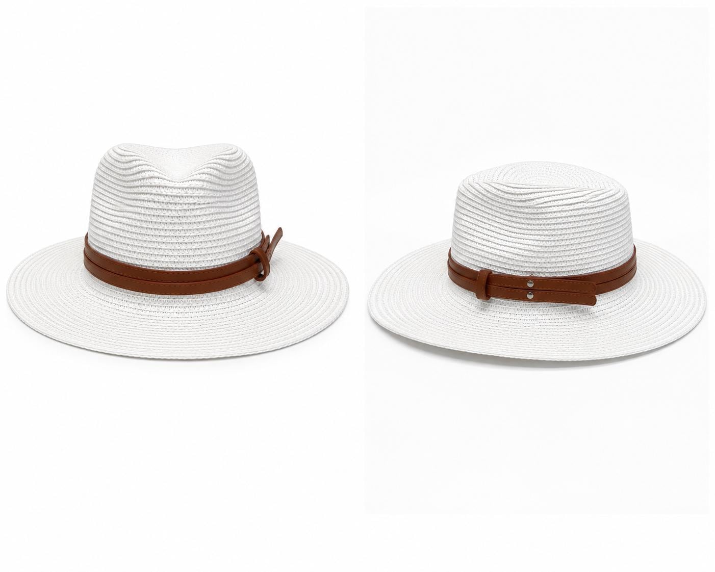 Wide Brim Woven Straw Fedora Hat | Summer Sun Hat with Faux Leather Band | Beach, Travel & Everyday Style