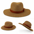 Wide Brim Woven Straw Fedora Hat | Summer Sun Hat with Faux Leather Band | Beach, Travel & Everyday Style