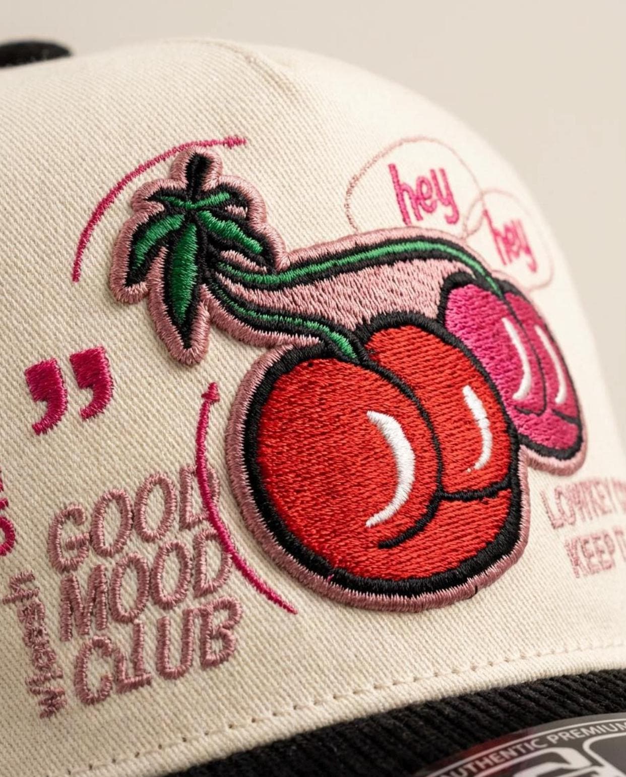 Good Mood Club Cherry Trucker Hat - Cream & Black Snapback
