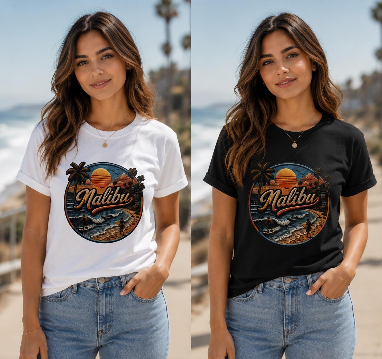 Malibu Sunset Graphic T-Shirt | Vintage California Beach Surf Tee | Premium Unisex Cotton Shirt