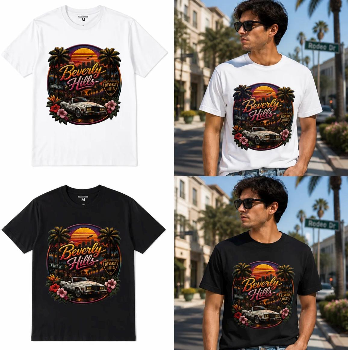 Beverly Hills Sunset Graphic T-Shirt | Vintage California Tourist Tee | Unisex Premium Cotton Shirt
