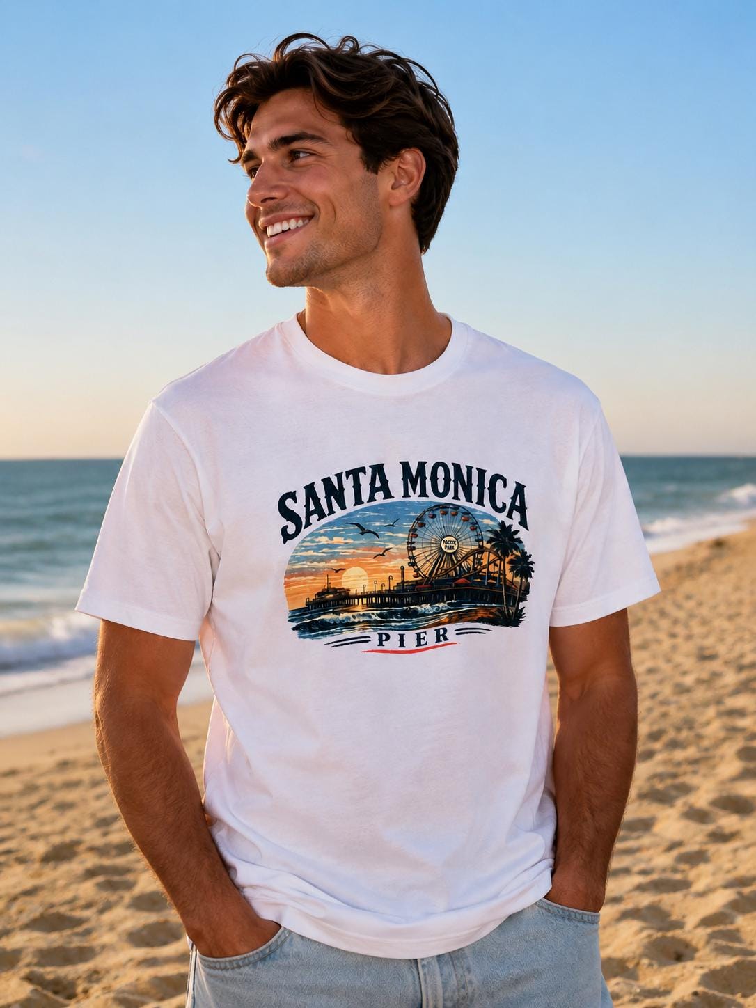 Santa Monica Pier Vintage Graphic T-Shirt | California Beach Sunset Tee | Los Angeles Souvenir Shirt