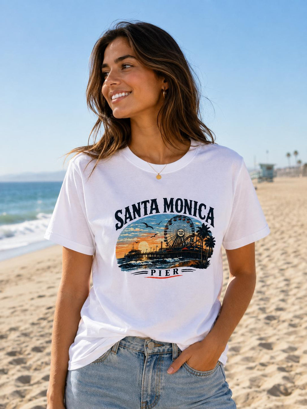 Santa Monica Pier Vintage Graphic T-Shirt | California Beach Sunset Tee | Los Angeles Souvenir Shirt