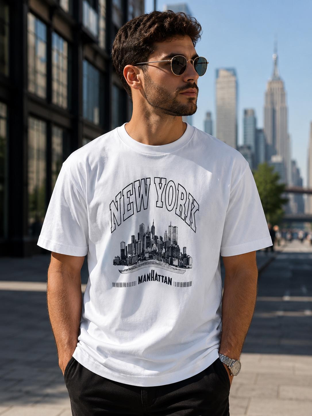 New York Manhattan Skyline Graphic T-Shirt | NYC Vintage Style Tee | Unisex New York City Souvenir Shirt