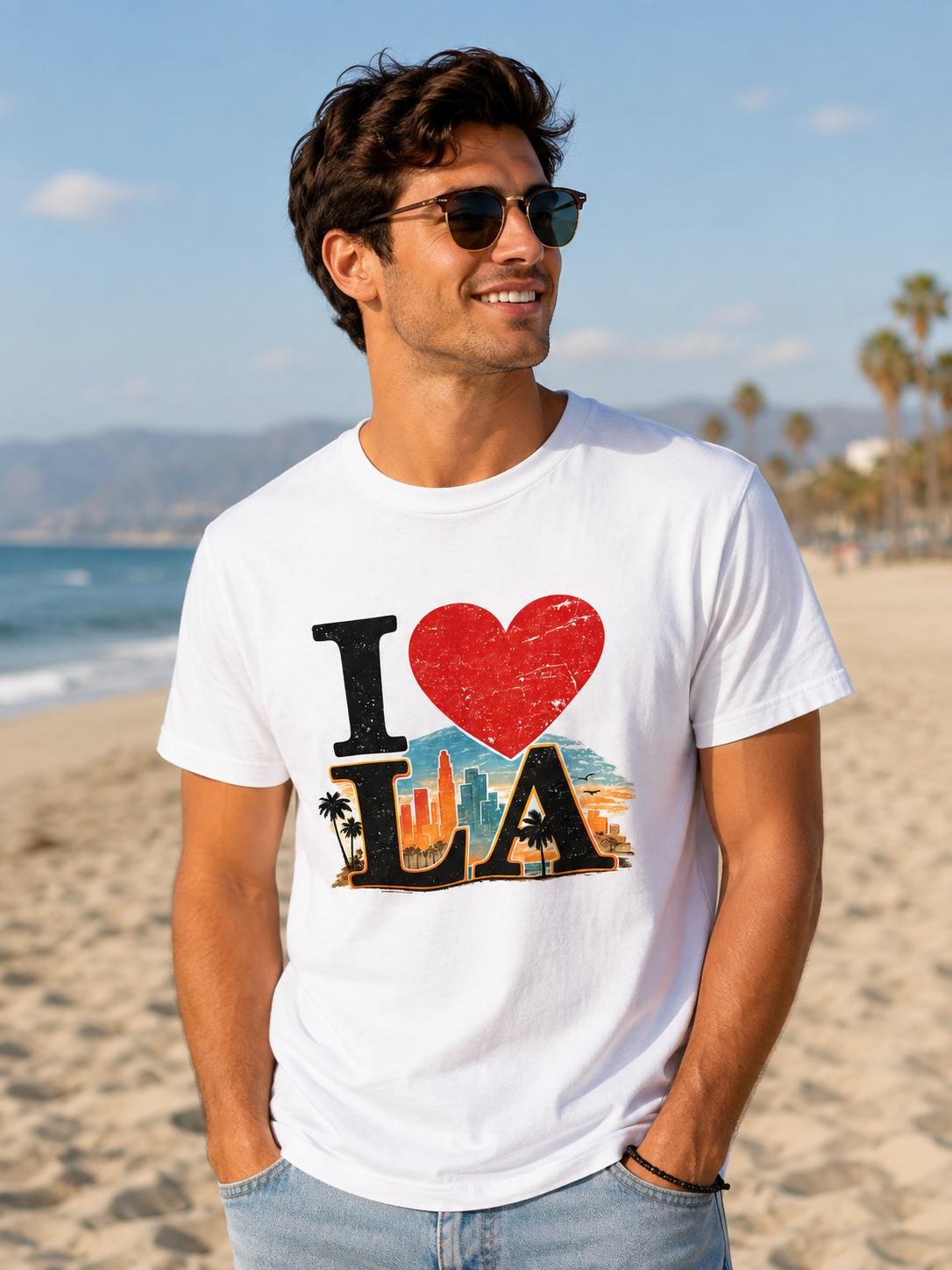 I Love LA Graphic T-Shirt | Los Angeles California Vintage Tee | Retro LA Skyline & Palm Tree Shirt | California Souvenir Tee
