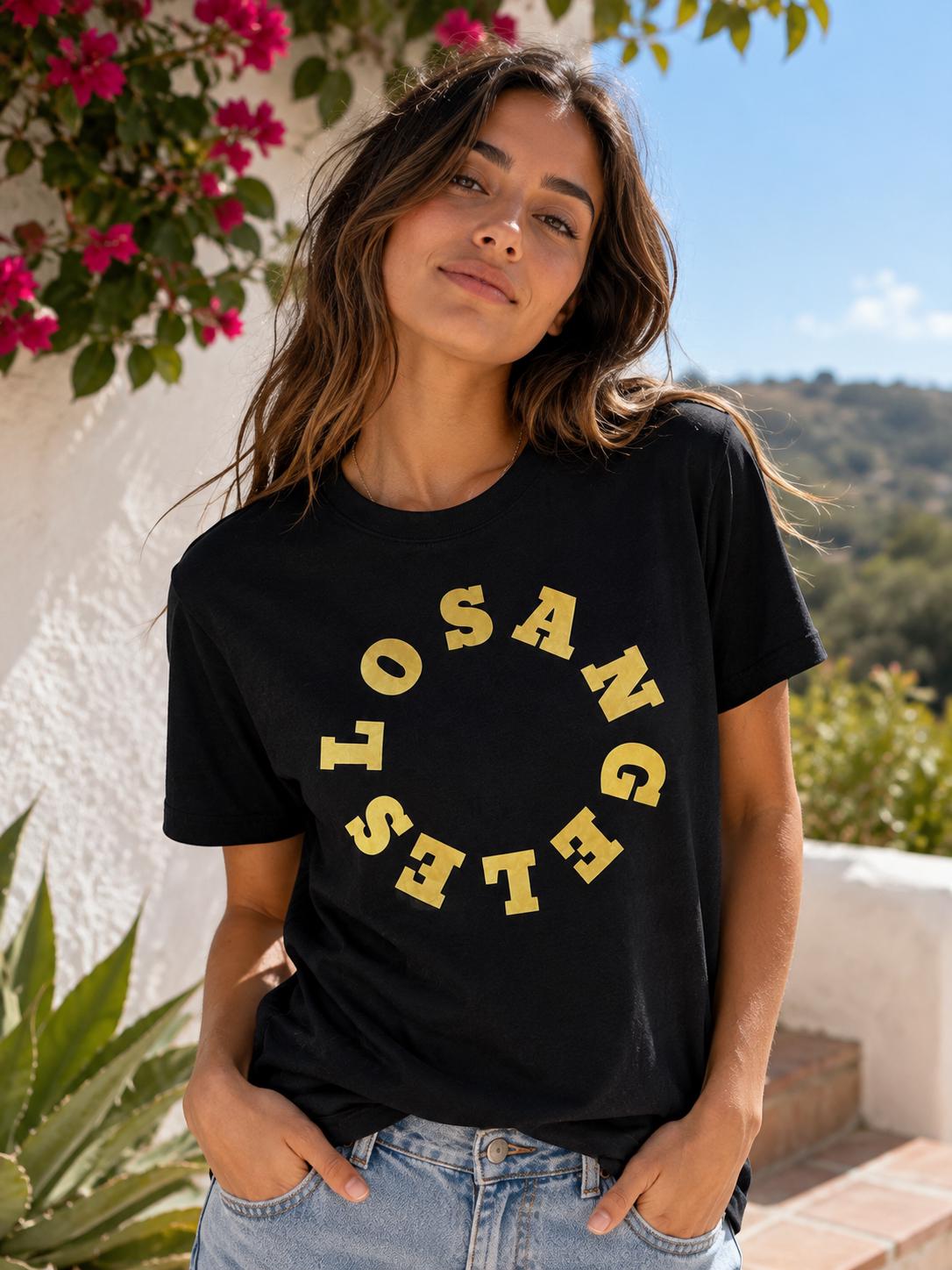 Los Angeles Circular Gold Graphic T-Shirt | Black Unisex LA Tee