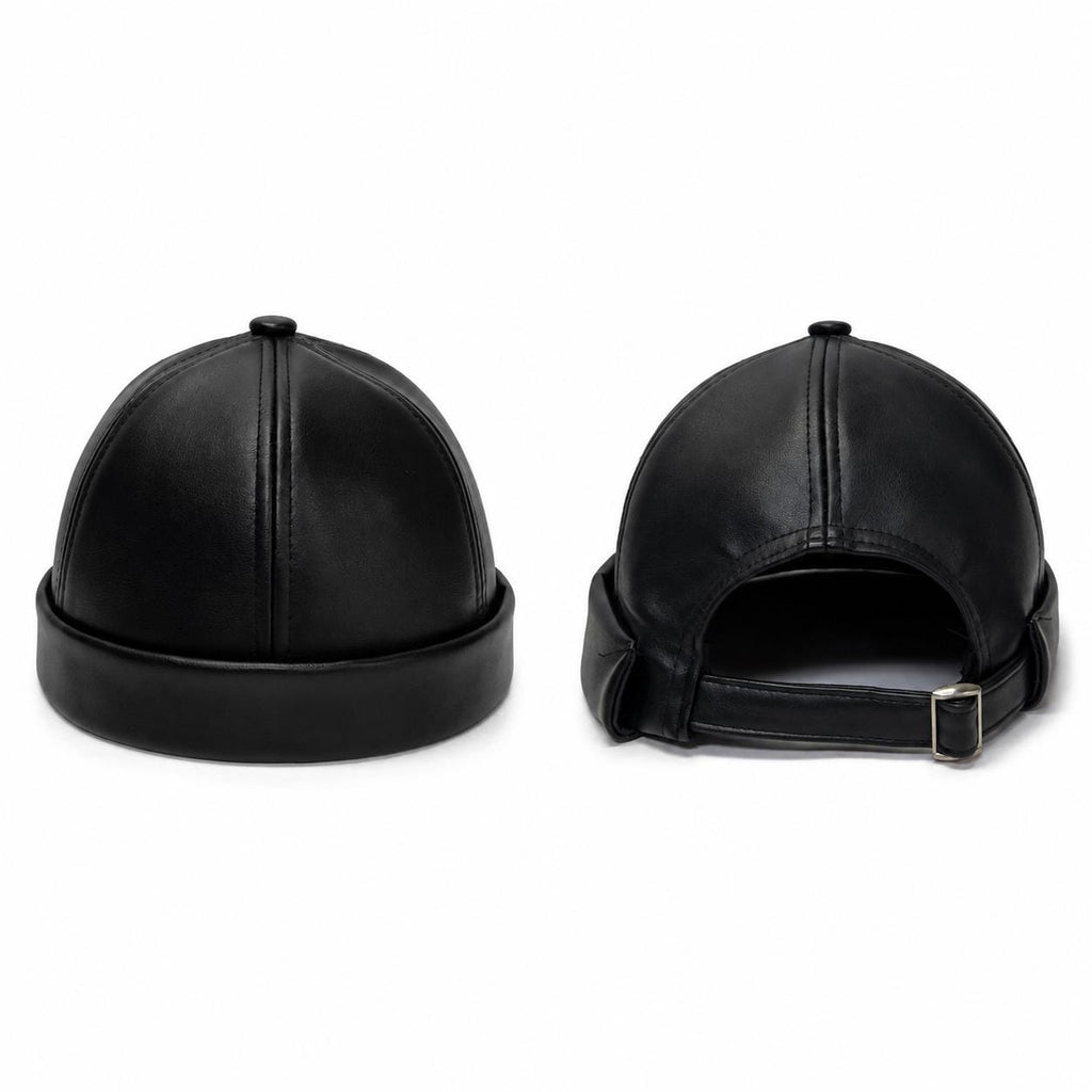 Unisex Leather-Look Brimless Docker Hat – Adjustable Rolled-Cuff Cap in Black, Burgundy and Tan