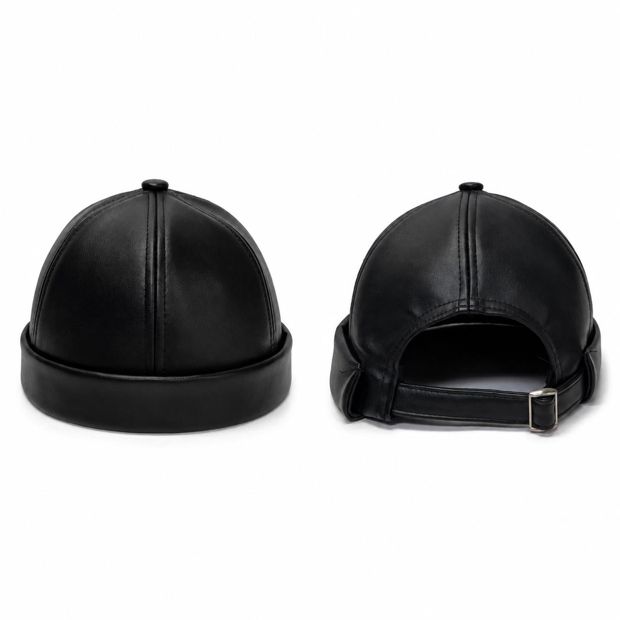 Unisex Leather-Look Brimless Docker Hat – Adjustable Rolled-Cuff Cap in Black, Burgundy and Tan