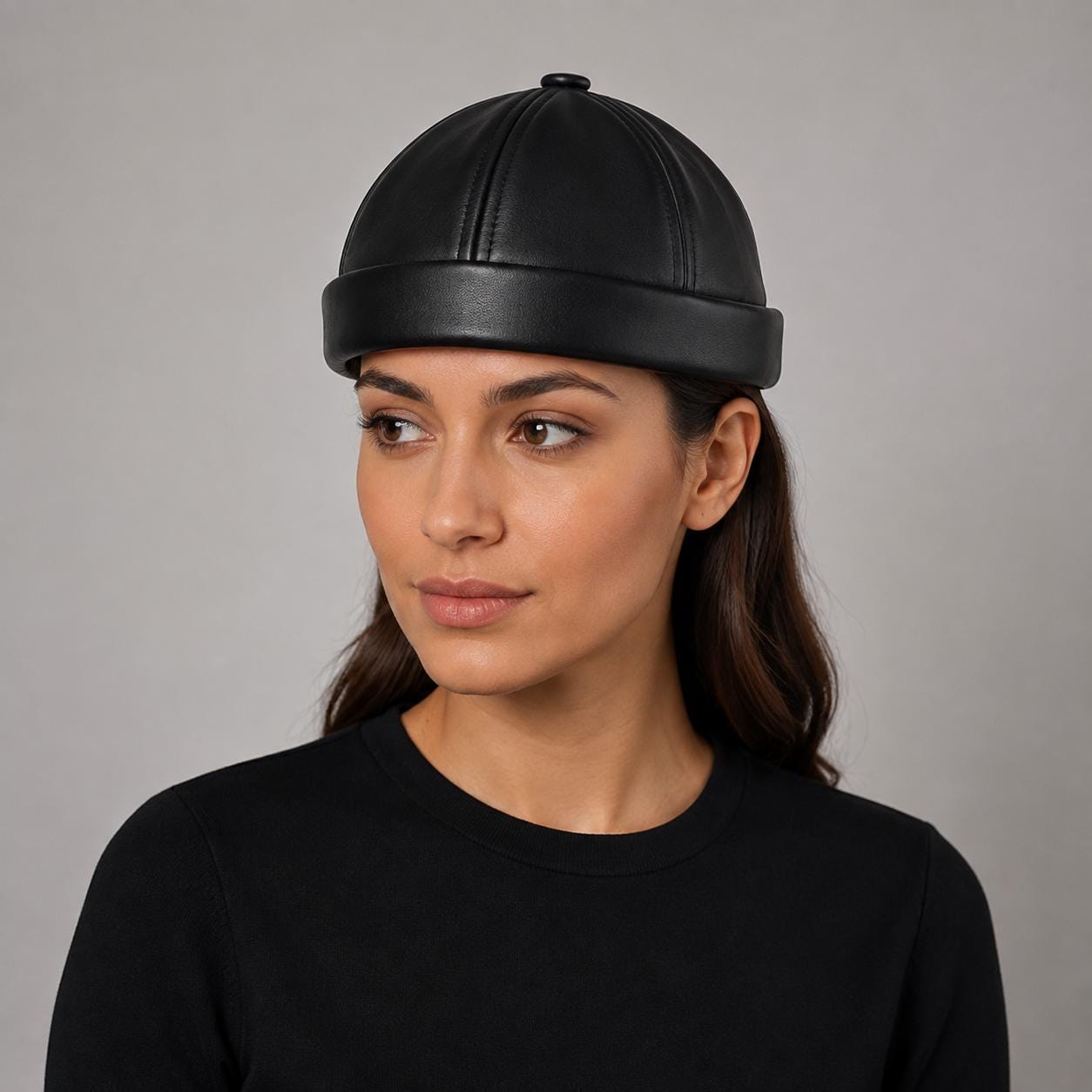 Unisex Leather-Look Brimless Docker Hat – Adjustable Rolled-Cuff Cap in Black, Burgundy and Tan