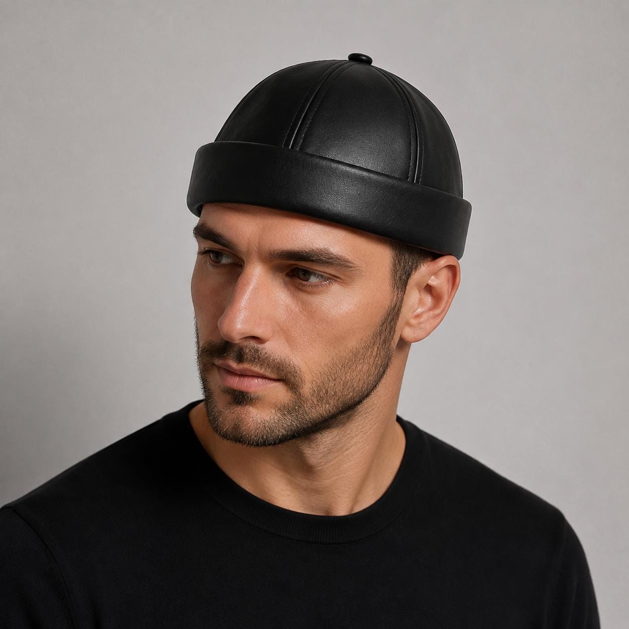 Unisex Leather-Look Brimless Docker Hat – Adjustable Rolled-Cuff Cap in Black, Burgundy and Tan