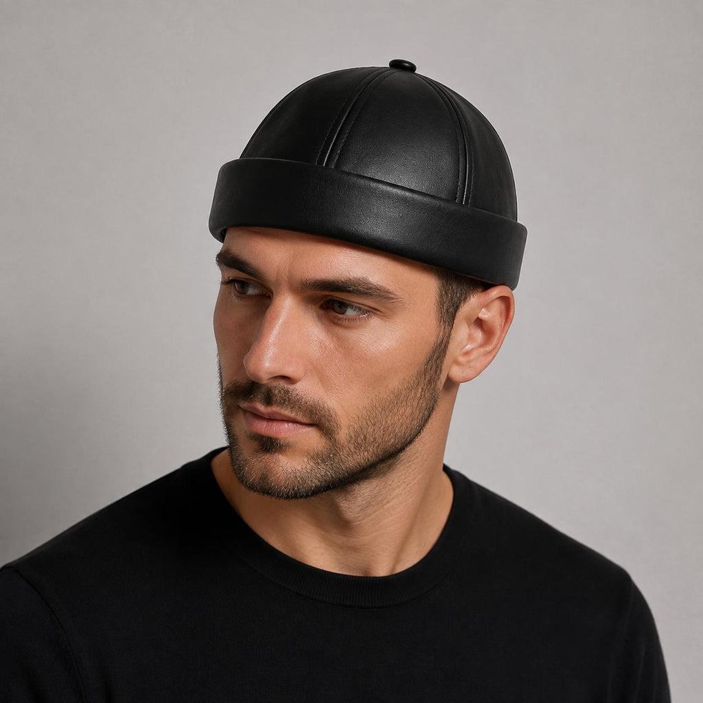 Unisex Leather-Look Brimless Docker Hat – Adjustable Rolled-Cuff Cap in Black, Burgundy and Tan