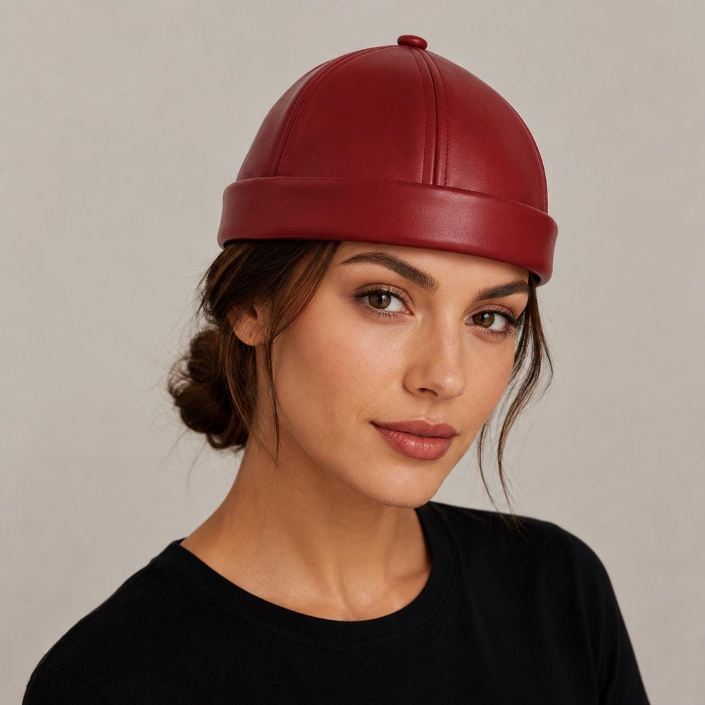 Unisex Leather-Look Brimless Docker Hat – Adjustable Rolled-Cuff Cap in Black, Burgundy and Tan