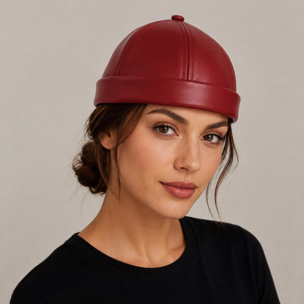 Unisex Leather-Look Brimless Docker Hat – Adjustable Rolled-Cuff Cap in Black, Burgundy and Tan