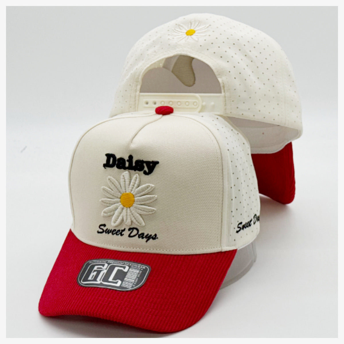 Daisy "Sweet Days" Embroidered Snapback Cap – White & Red Floral Baseball Hat
