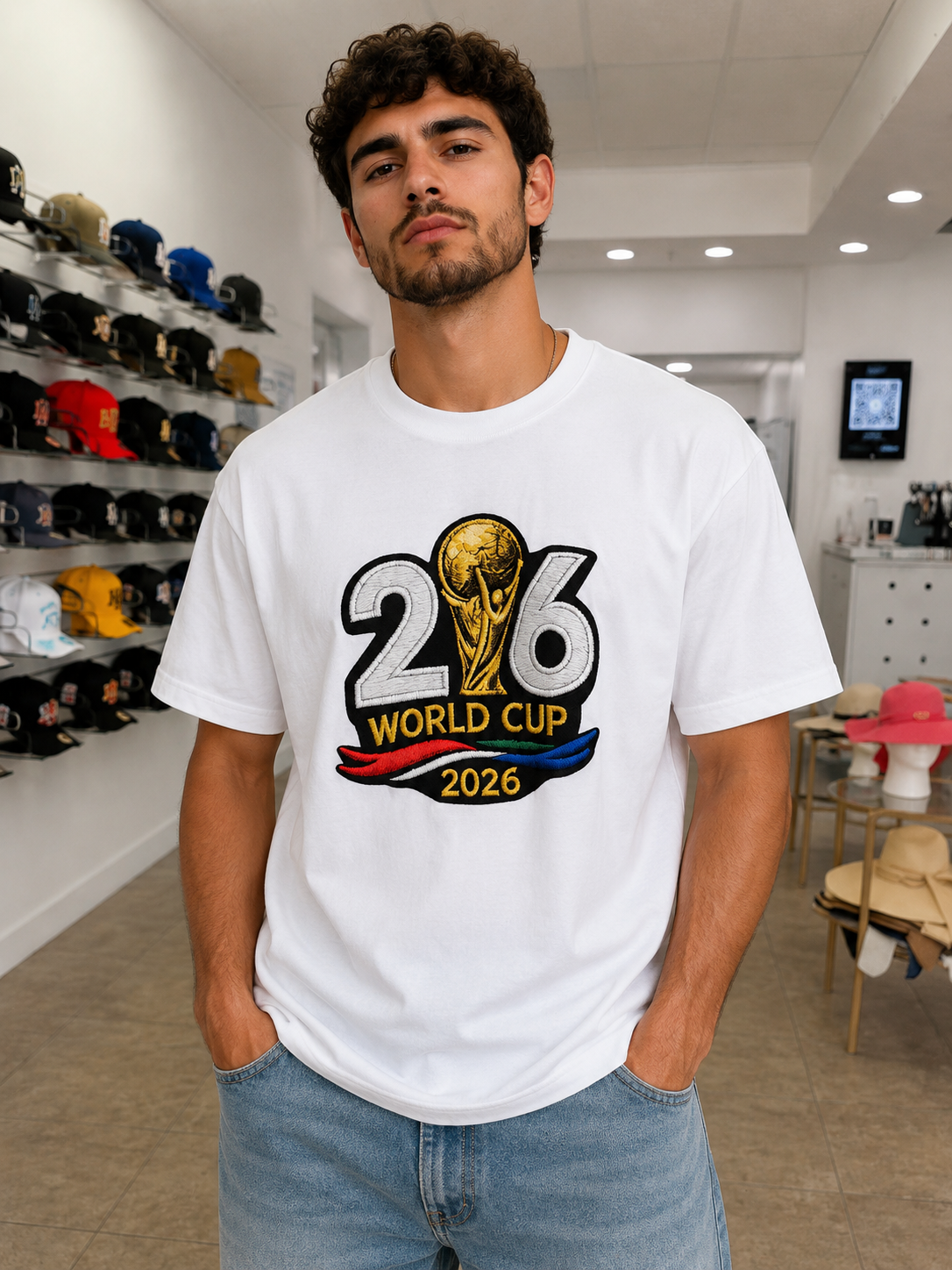 2026 World Cup shirt in white, worn in-store