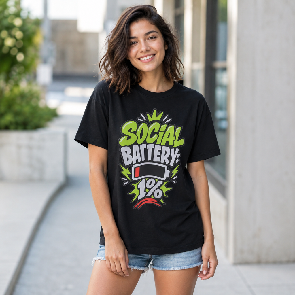 Social Battery 1% T-Shirt, Funny Introvert Graphic Tee, Low Battery Unisex Shirt