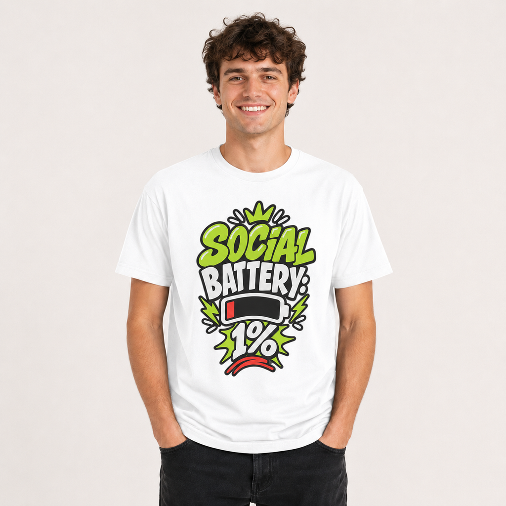 Social Battery 1% T-Shirt, Funny Introvert Graphic Tee, Low Battery Unisex Shirt